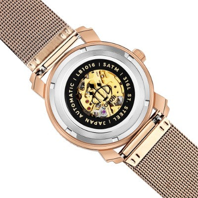 玫瑰金鏤空機械錶